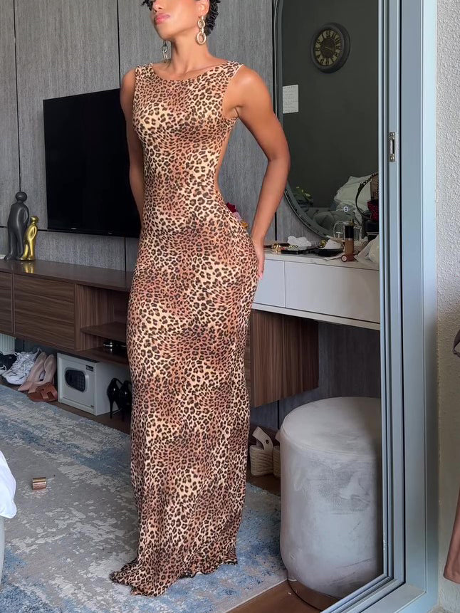 Leopard-print maxi dress shown from the front with a high neckline and floor-length hem.
