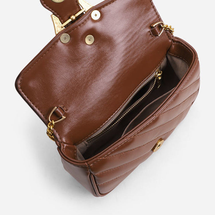 Open brown Chain Detail Shoulder Bag showing the interior and zipped divider