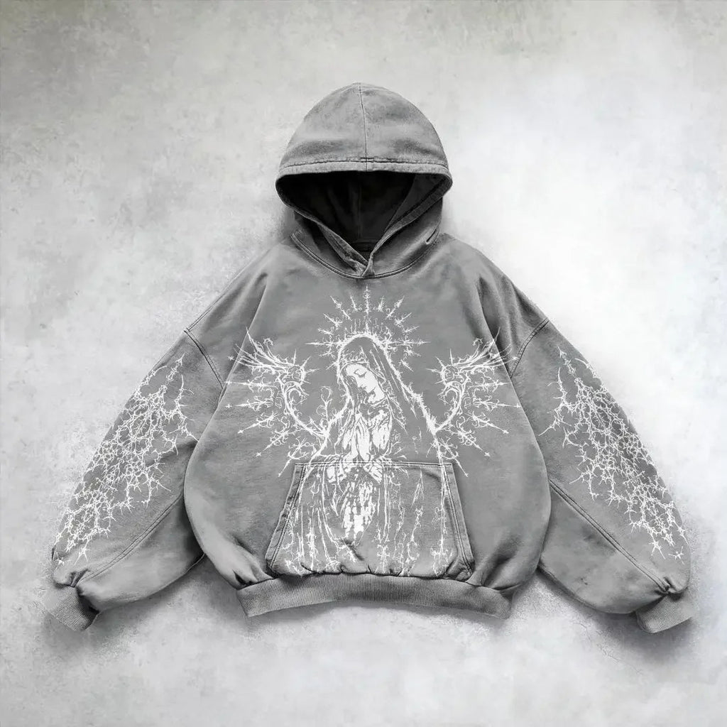 Grey pullover hoodie with a white figure graphic, sleeve prints and a front pouch pocket