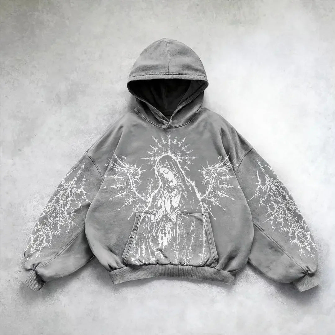 Grey pullover hoodie with a white figure graphic, sleeve prints and a front pouch pocket