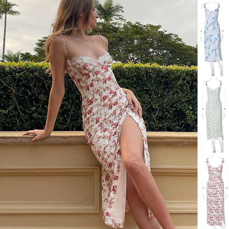 Lace-Detail Slit Maxi Dress