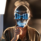 Silver-colour skull costume mask with blue illuminated lines, shown worn