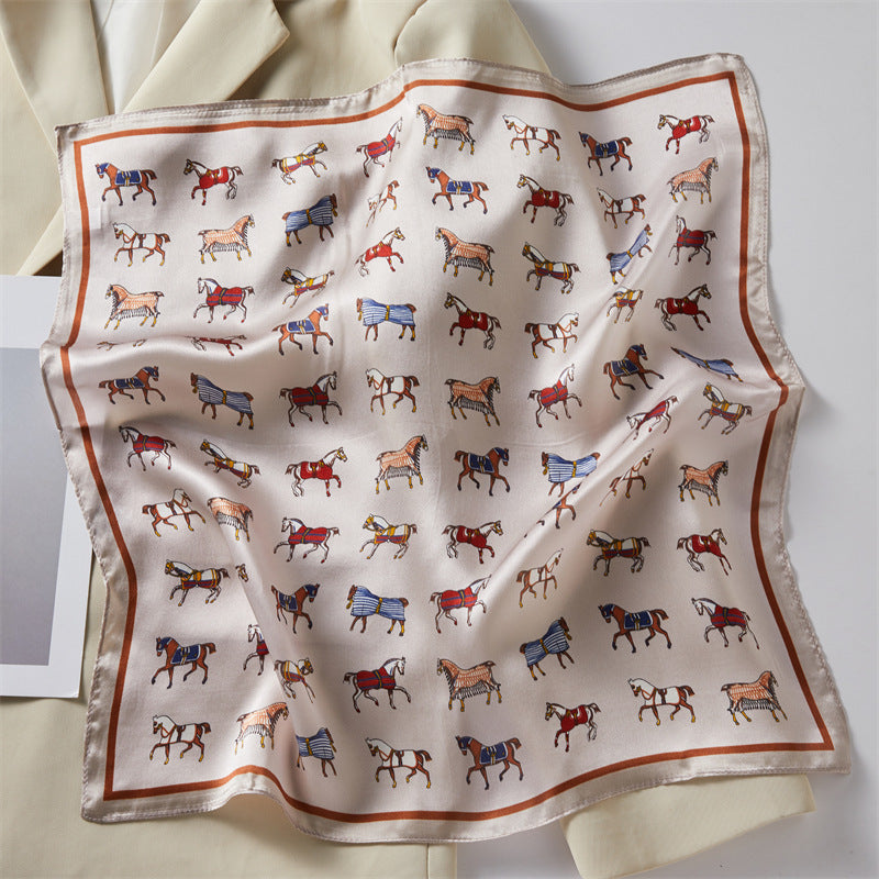 Aligned knights square scarf with rows of coloured horses and a brown border