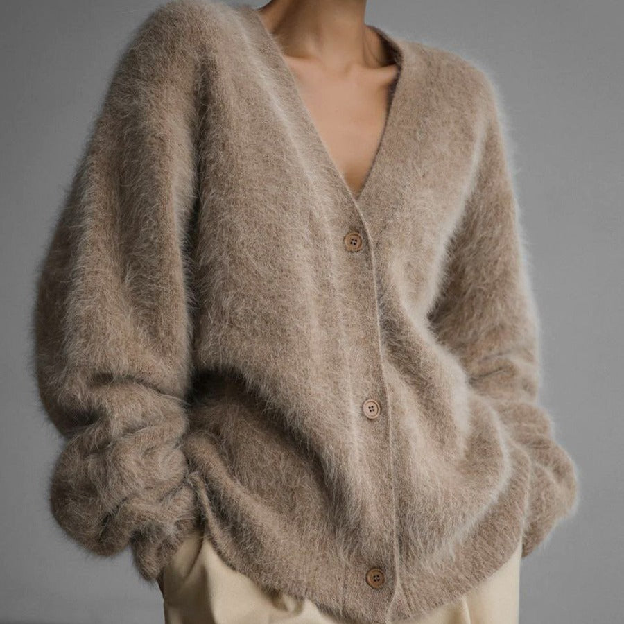 Textured V-neck button cardigan with long sleeves