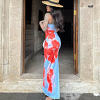 Printed Strapless Slit Dress