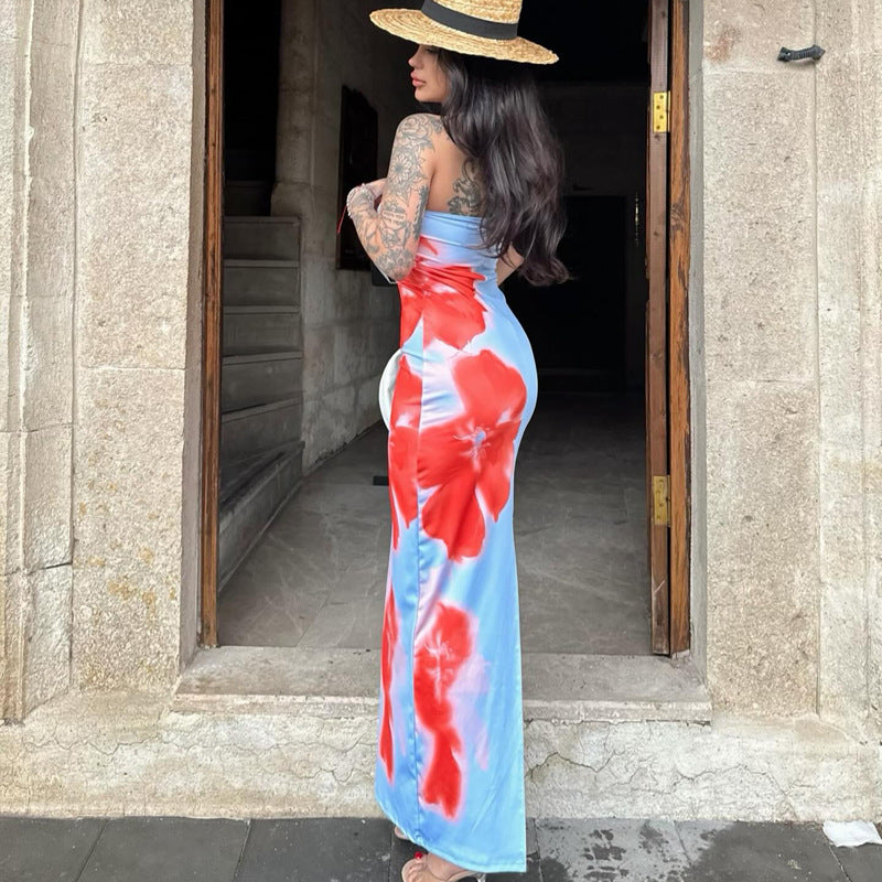 Printed Strapless Slit Dress