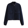 Navy blue stand-collar bomber jacket, front view.