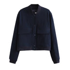 Navy blue stand-collar bomber jacket, front view.