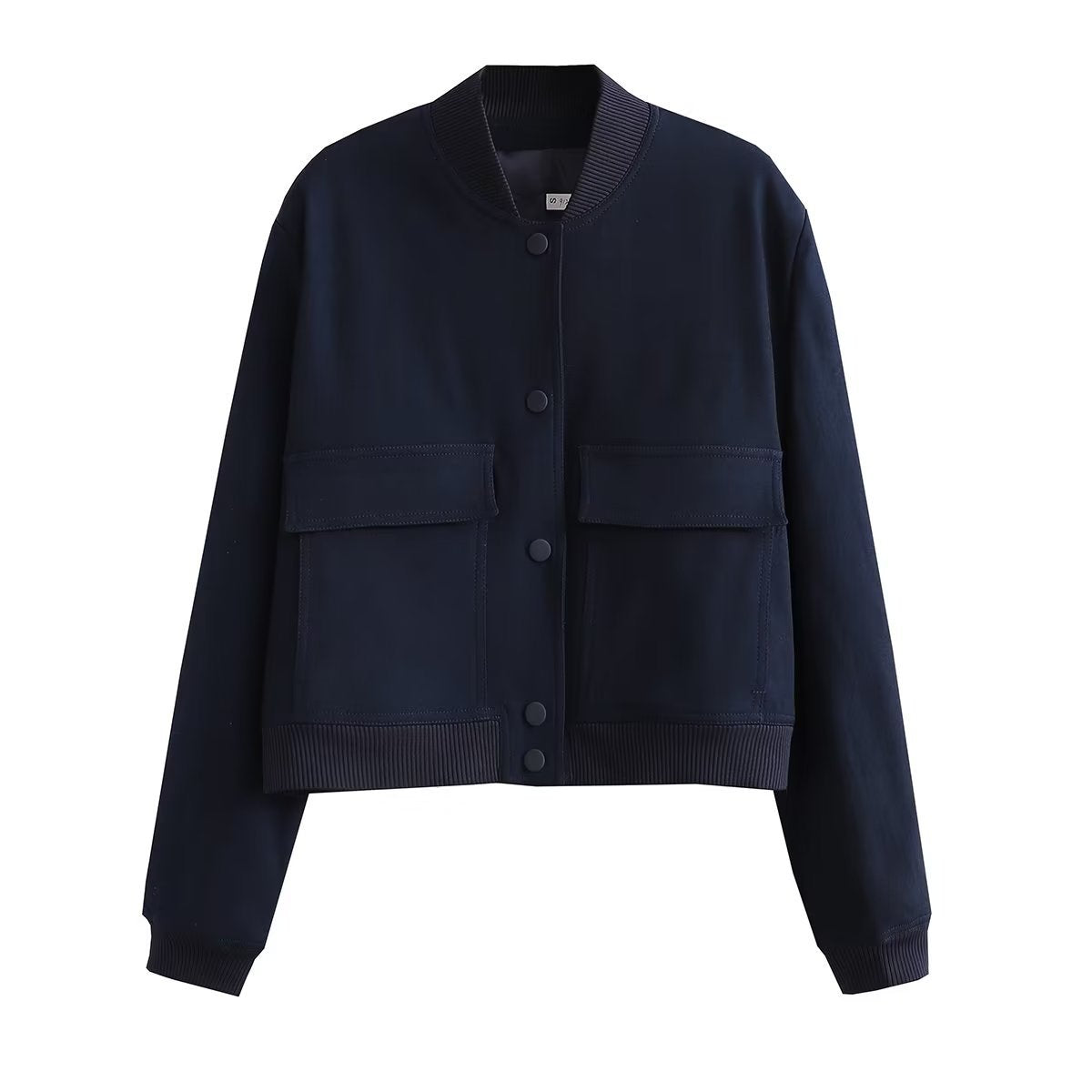 Navy blue stand-collar bomber jacket, front view.