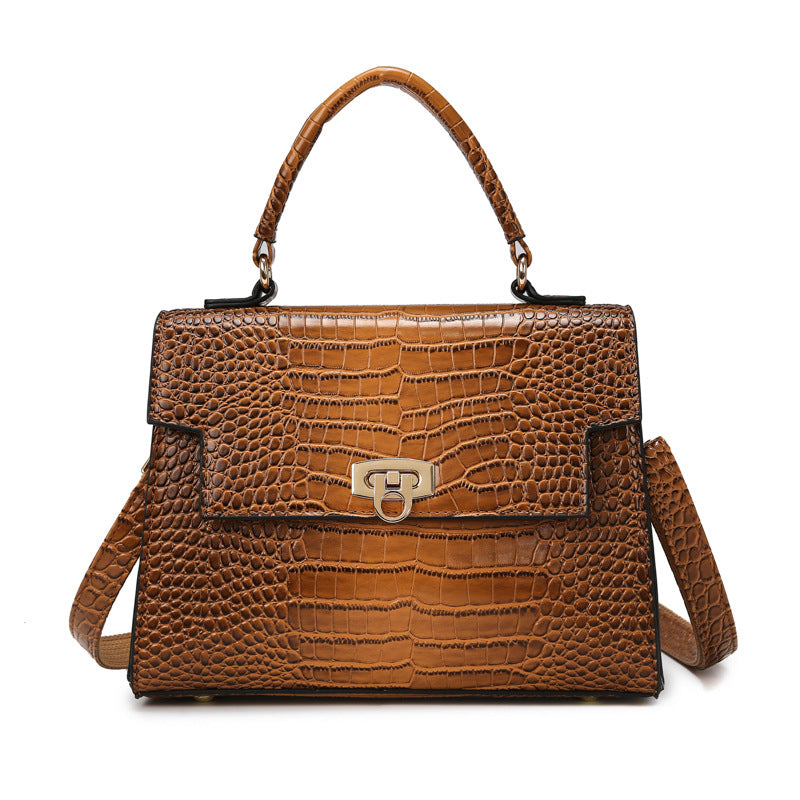 Crocodile-Effect PU Tote — Brown