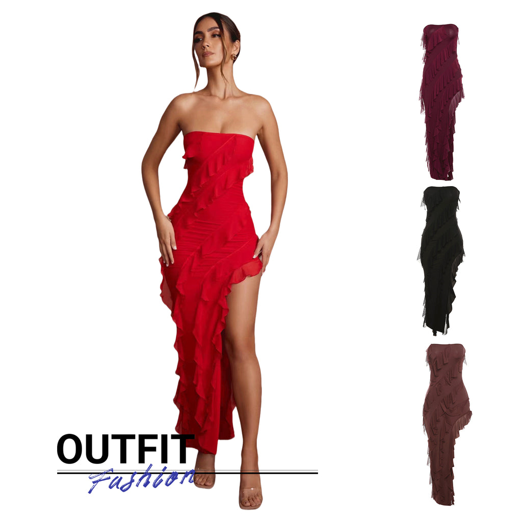 Strapless Fringe Slit Dress