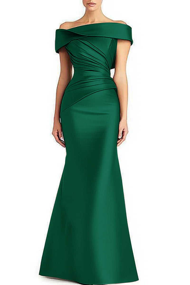 Green off-shoulder floor-length gown with a folded neckline and asymmetric pleats across the bodice and waist