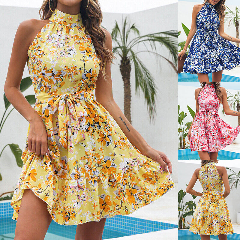 Floral Halterneck Ruffle Dress