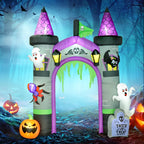 Purple and grey Halloween inflatable archway with ghost, pumpkin, spider and bat details
