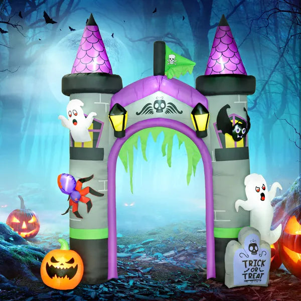 Purple and grey Halloween inflatable archway with ghost, pumpkin, spider and bat details