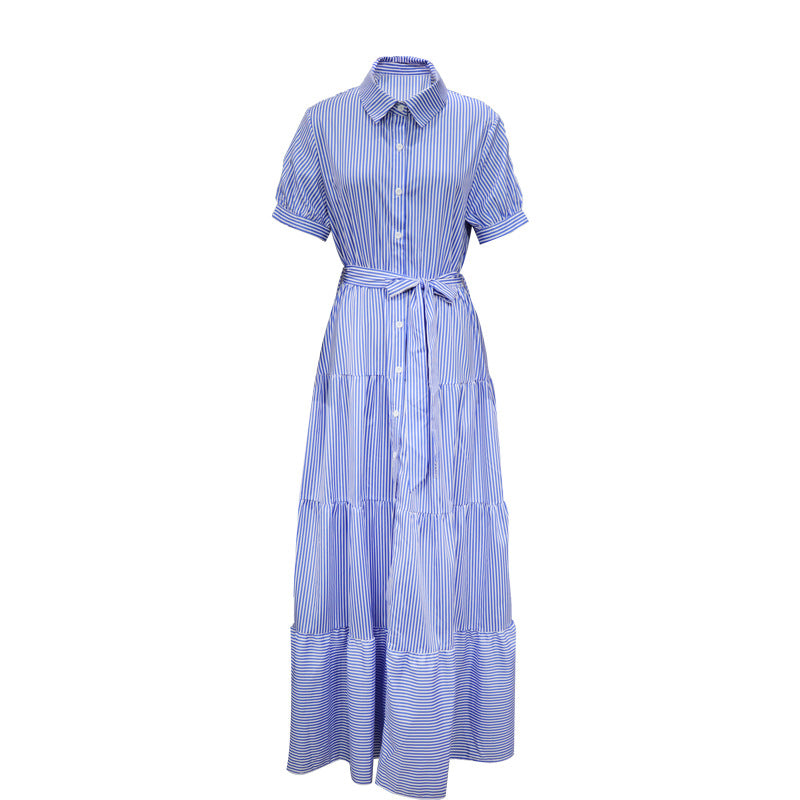 Blue striped short-sleeve dress with a waist tie and tiered skirt, full front view