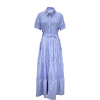 Blue striped short-sleeve dress with a waist tie and tiered skirt, full front view