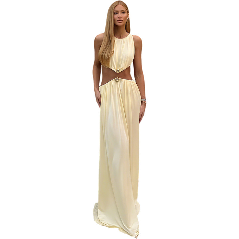 Cutout Bodycon Maxi Dress in Light Apricot, front view on a model with waist cutouts and full-length skirt.