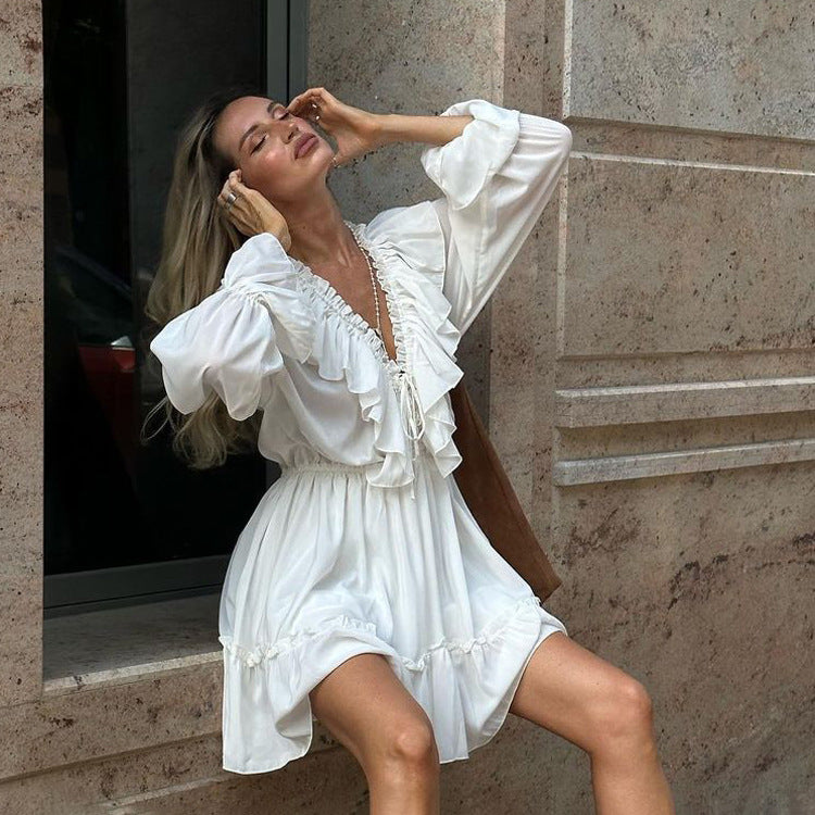 V-Neck Ruffle Mini Dress