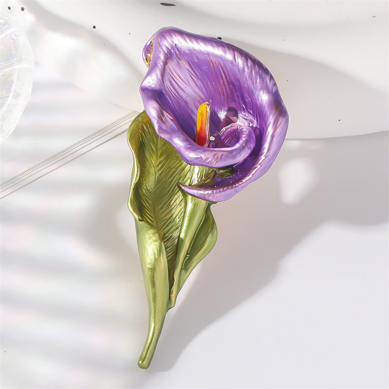 Purple Enamel Calla Lily Brooch with green leaf and stem