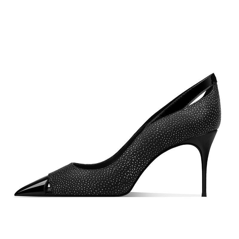 Black Patchwork Pointed-Toe Heels