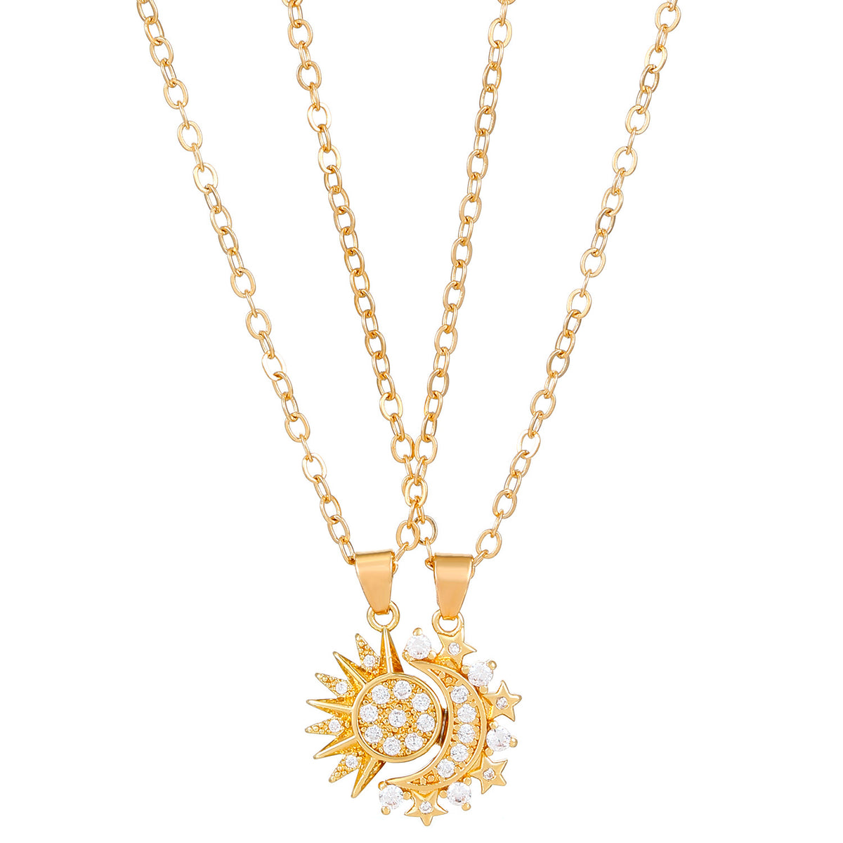 Gold-colour sun and crescent moon necklace pair with clear decorative stones, shown together on a white background.