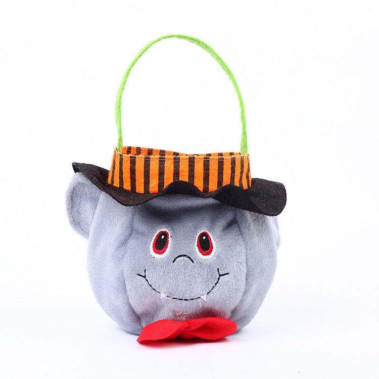 Grey Halloween character candy bag with green handle, striped hat and red bow