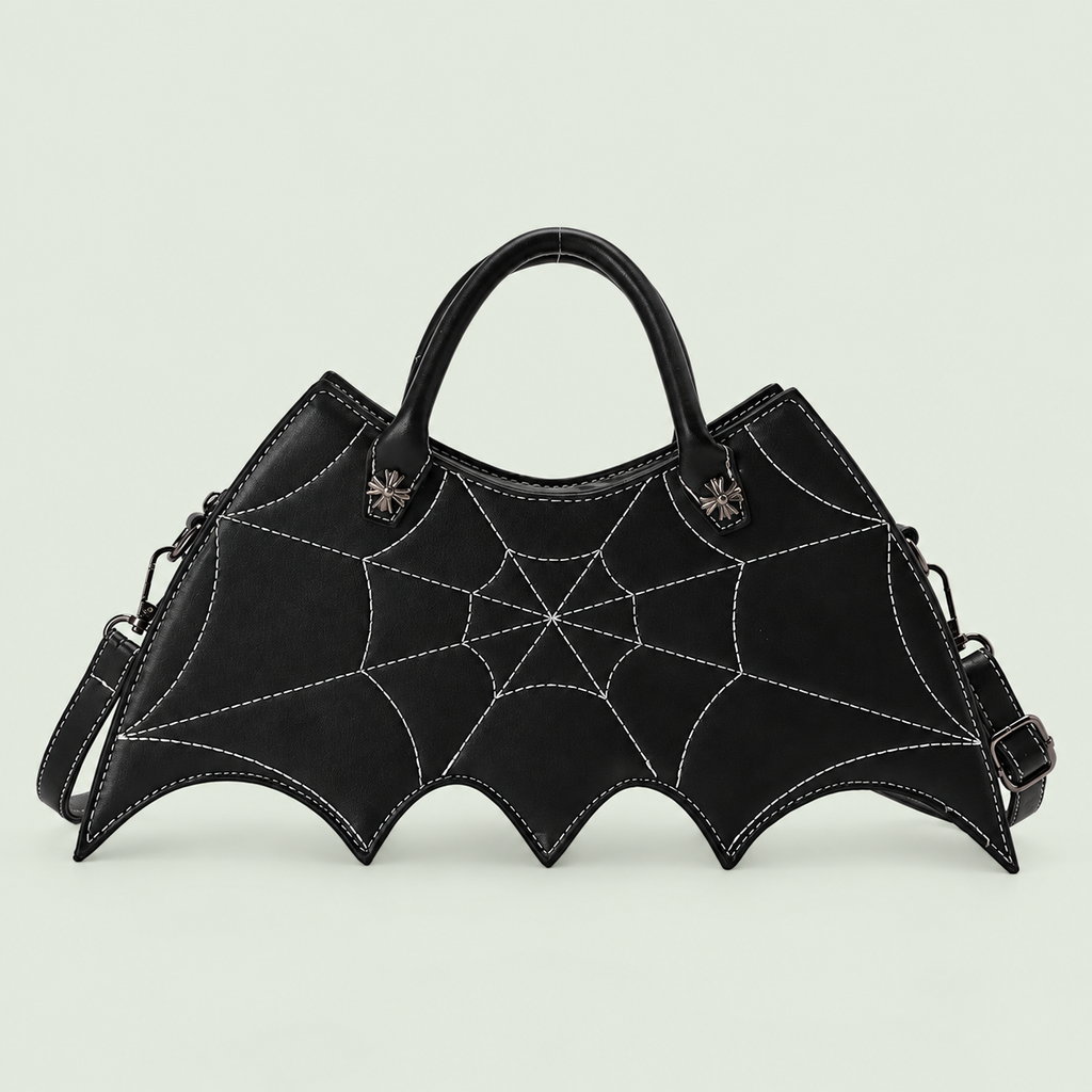 Black bat-wing crossbody bag with web stitching, two handles and strap against pale sage.