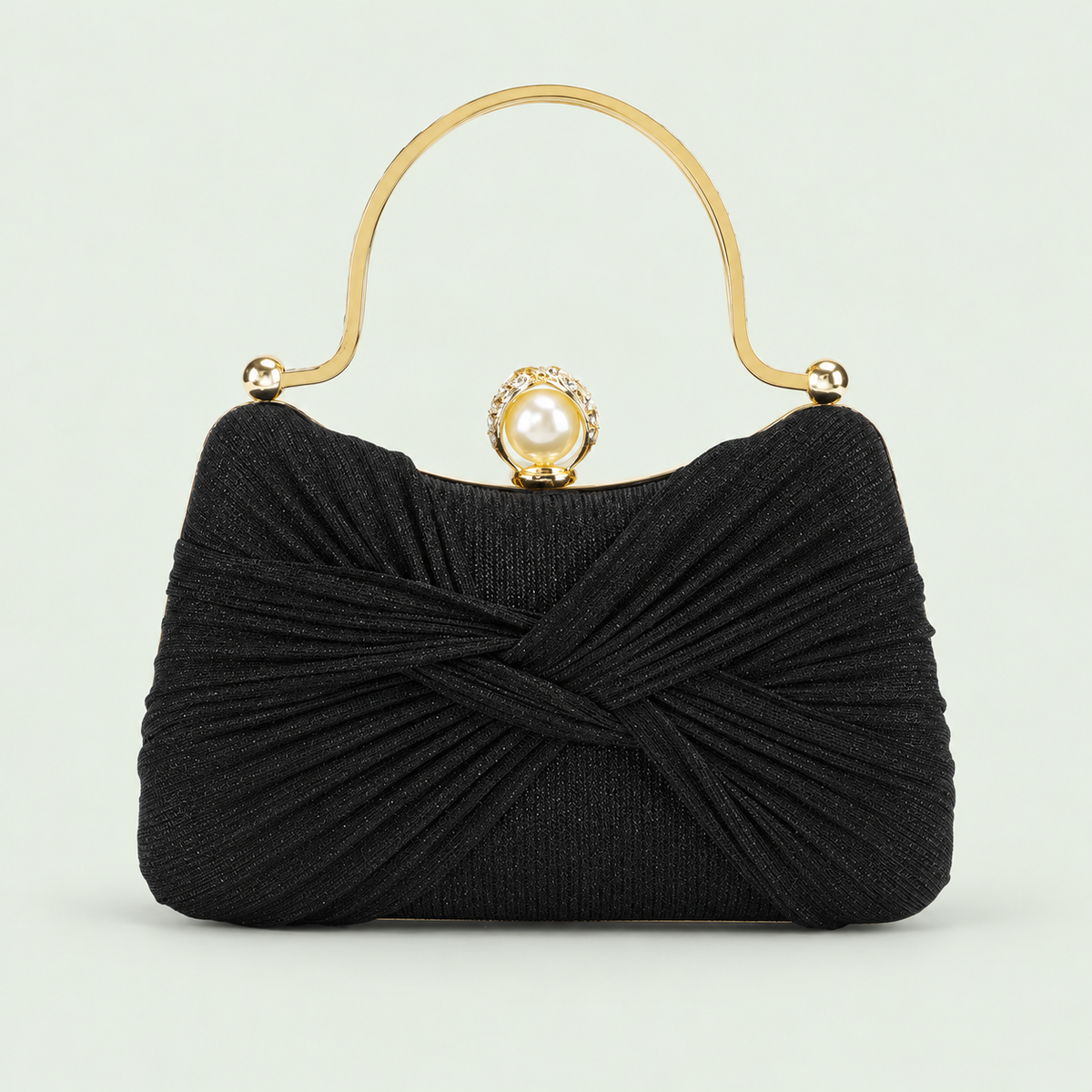Pleated Shimmer Evening Bag in Black on a pale sage background