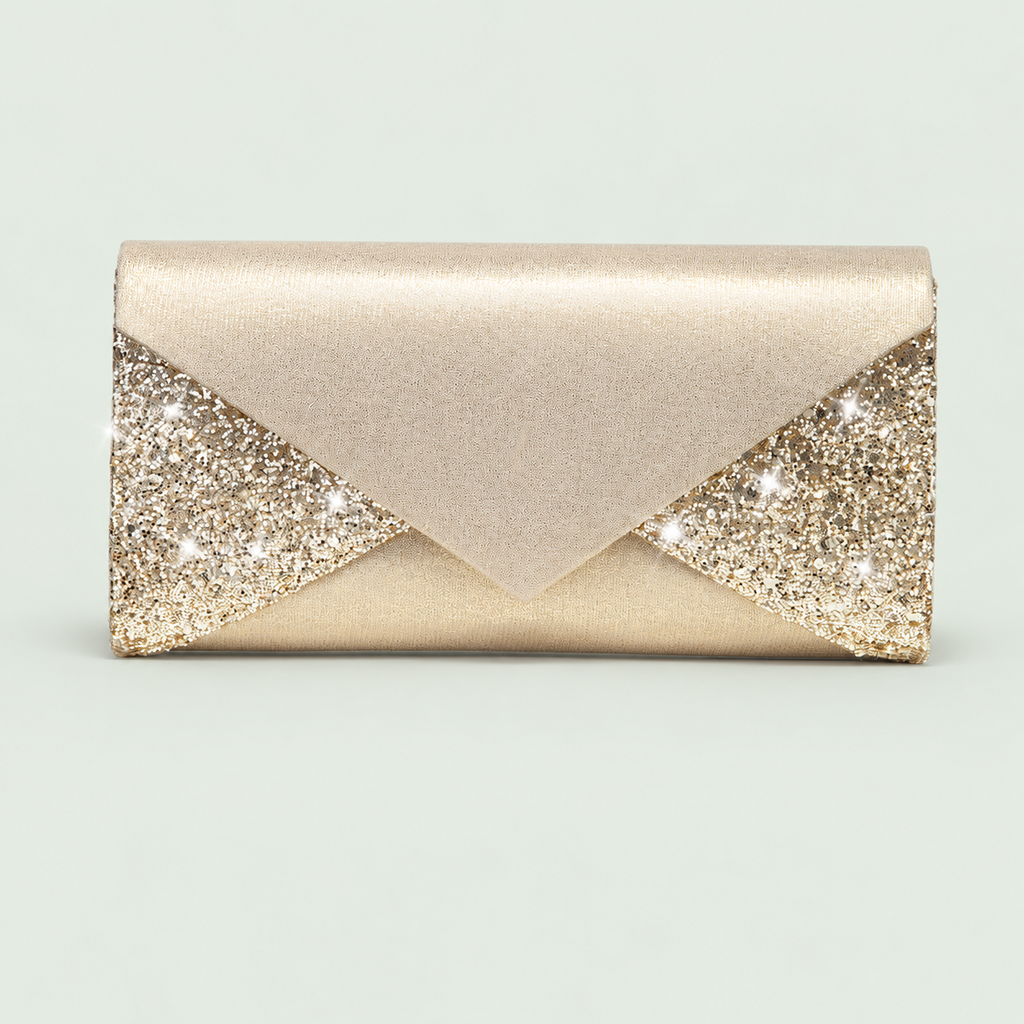 Sequin Evening Clutch in Gold on a pale sage background