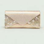 Sequin Evening Clutch in Gold on a pale sage background