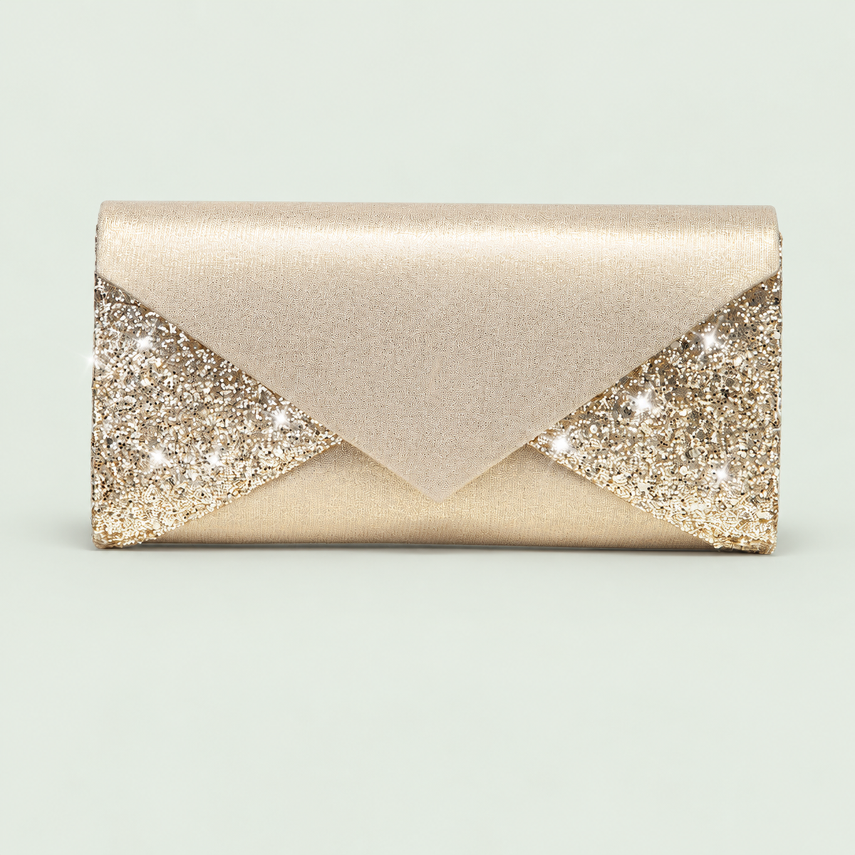 Sequin Evening Clutch in Gold on a pale sage background