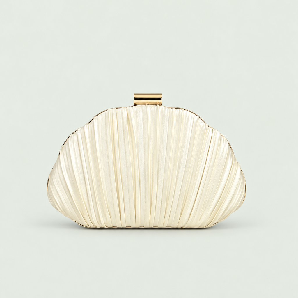 Shell-Shape Pleated Bag in Apricot on a pale sage background