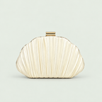 Shell-Shape Pleated Bag in Apricot on a pale sage background